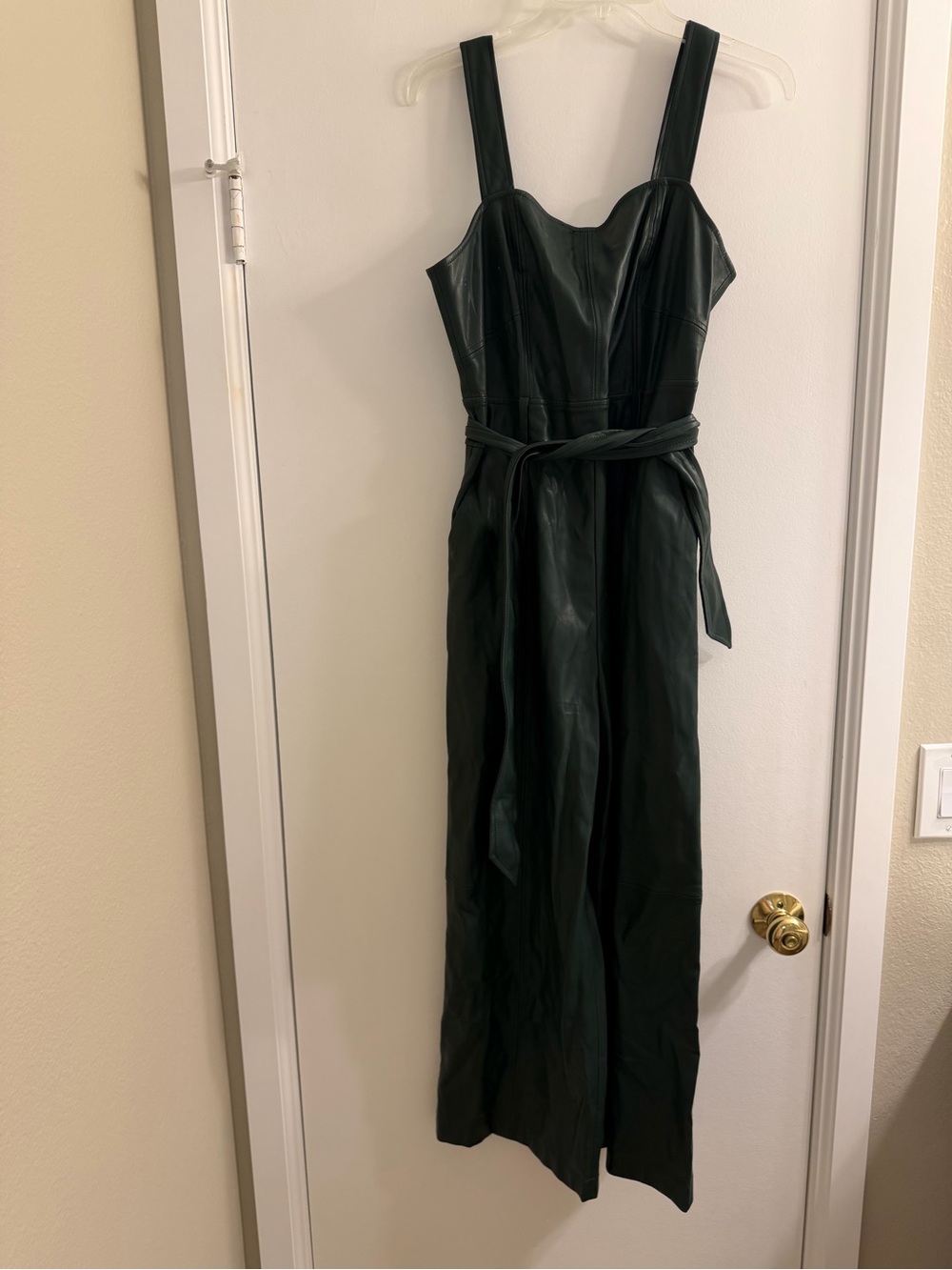 Anthropologie Dark Green Faux Leather Belted pants/jumpsuit